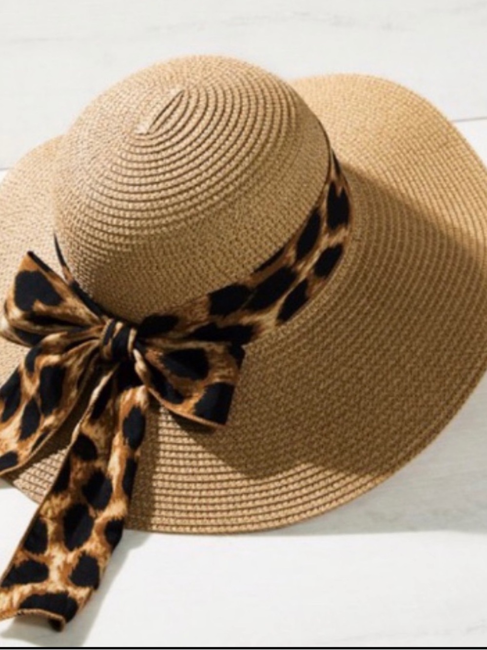 Large Floppy Brim Sun Hat with Leopard Print Bow